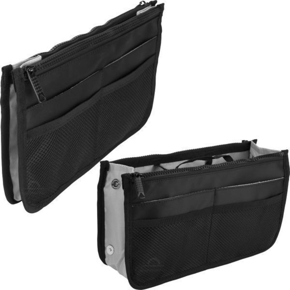 Mini Cosmetics Travel Bag Organizer with 2 Zippered Closure Pouches, and 8 Exter